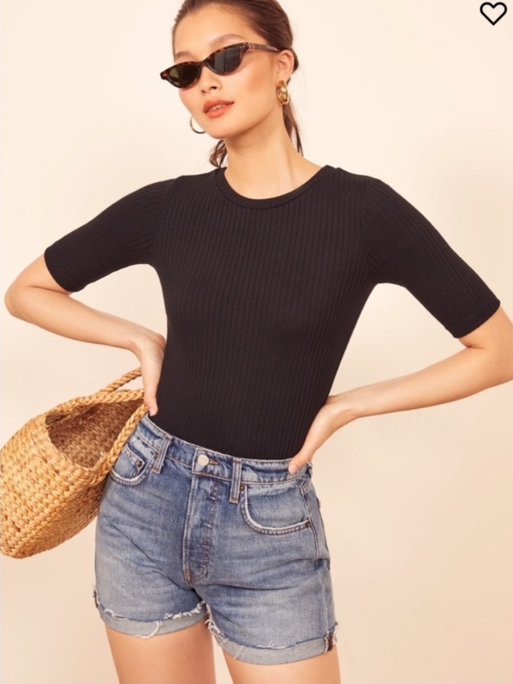 Reformation Janine Black Ribbed Tee Size Small